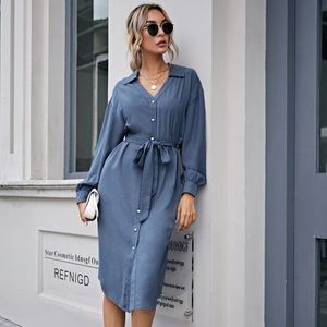 Bishop Sleeve Self Belted Dress